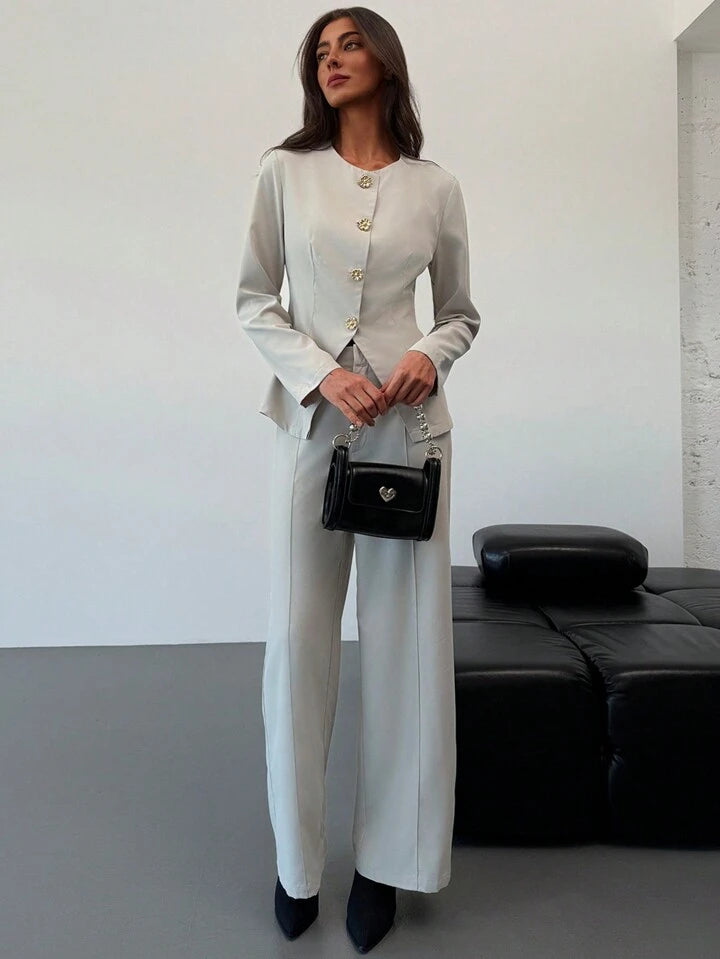 CM-SS011191 Women Elegant Seoul Style Slim Fit Round Neck Long Sleeve Top With Floor-Length Straight Leg Pants - Set