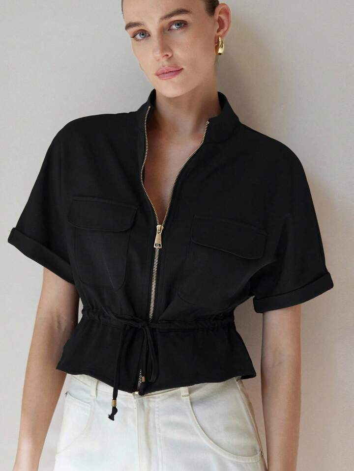 CM-TS180766 Women Casual Seoul Style Two Symmetrical Pockets Short Sleeve Cinched Waist Top - Black