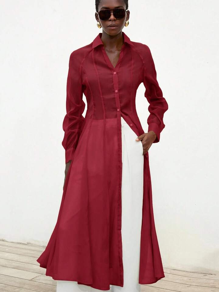 CM-TS883153 Women Casual Seoul Style Translucent Textured V-Neck Long Sleeve Gathered Waist Shirtdress - Red