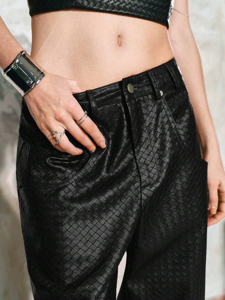 CM-BS364653 Women Elegant Seoul Style Elastic Waist Plaid Weave Versatile Faux Leather Pants - Black