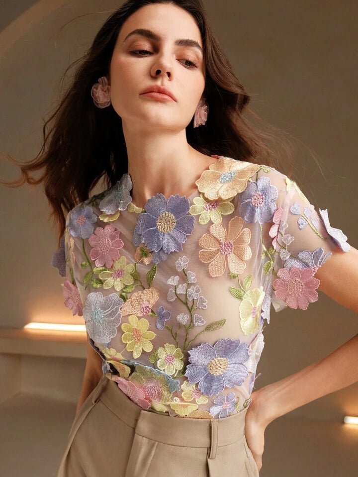 CM-TS588829 Women Elegant Seoul Style Round Neck Flounce Sleeve Embroidery Floral Applique Blouse - Baby Pink