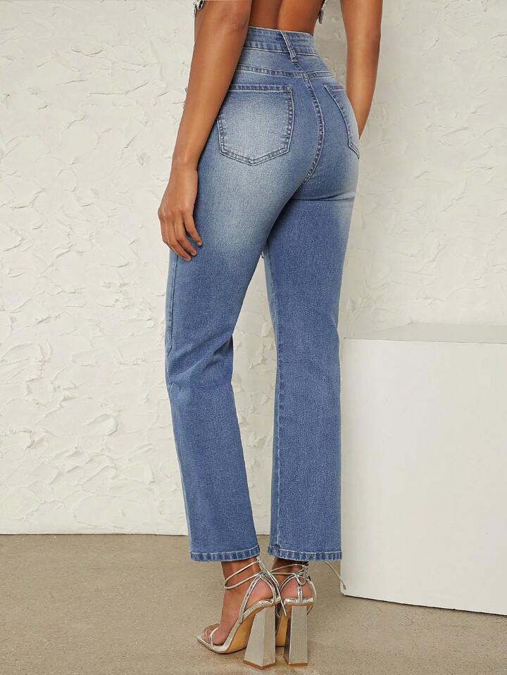 CM-BS655119 Women Casual Seoul Style High Waist Ripped Straight Leg Jeans With Rhinestone Heart Cut Out