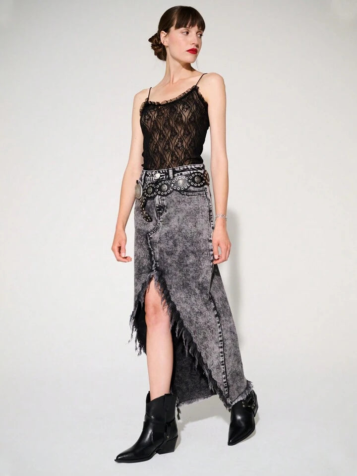 CM-BS452199 Women Casual Seoul Style Acid Wash Non-Stretch Split Thigh Denim Maxi Skirt - Black