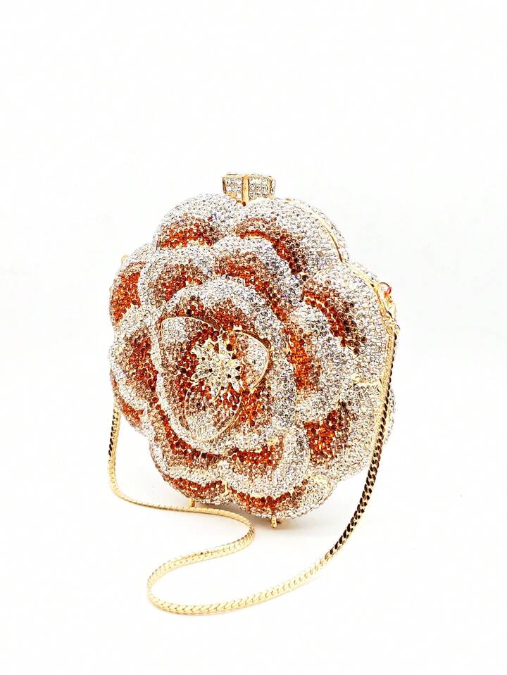 CM-BGS056004 Women Elegant Seoul Style Floral Design Rhinestone Crystal Handmade Clutch Bag - Gold