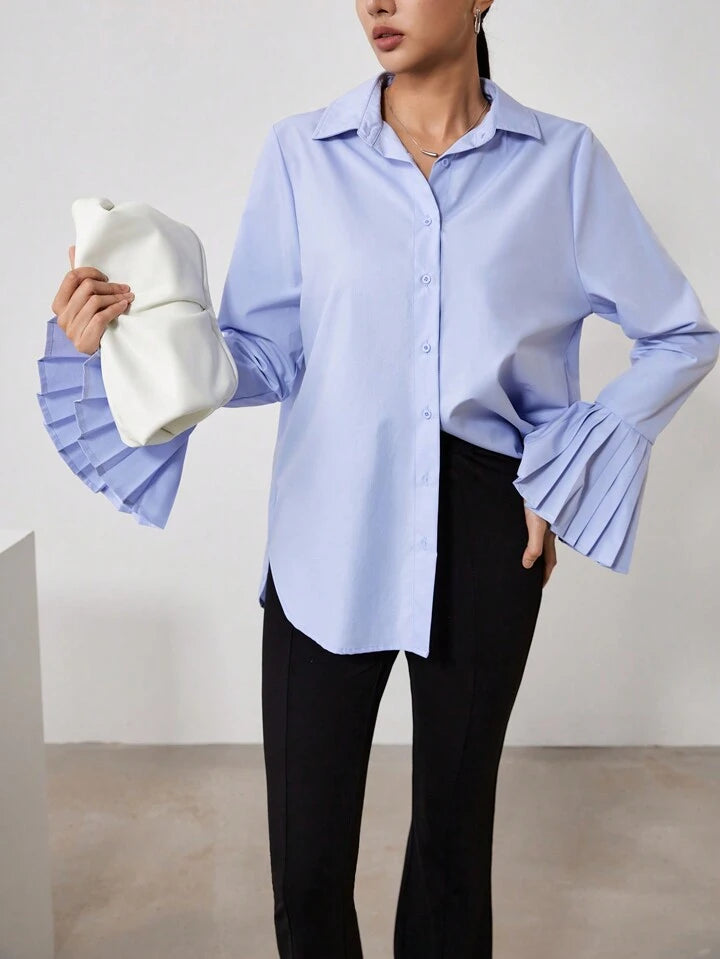 CM-TS093158 Women Casual Seoul Style Collar Neckline Asymmetrical Ruffled Cuffs Shirt - Blue