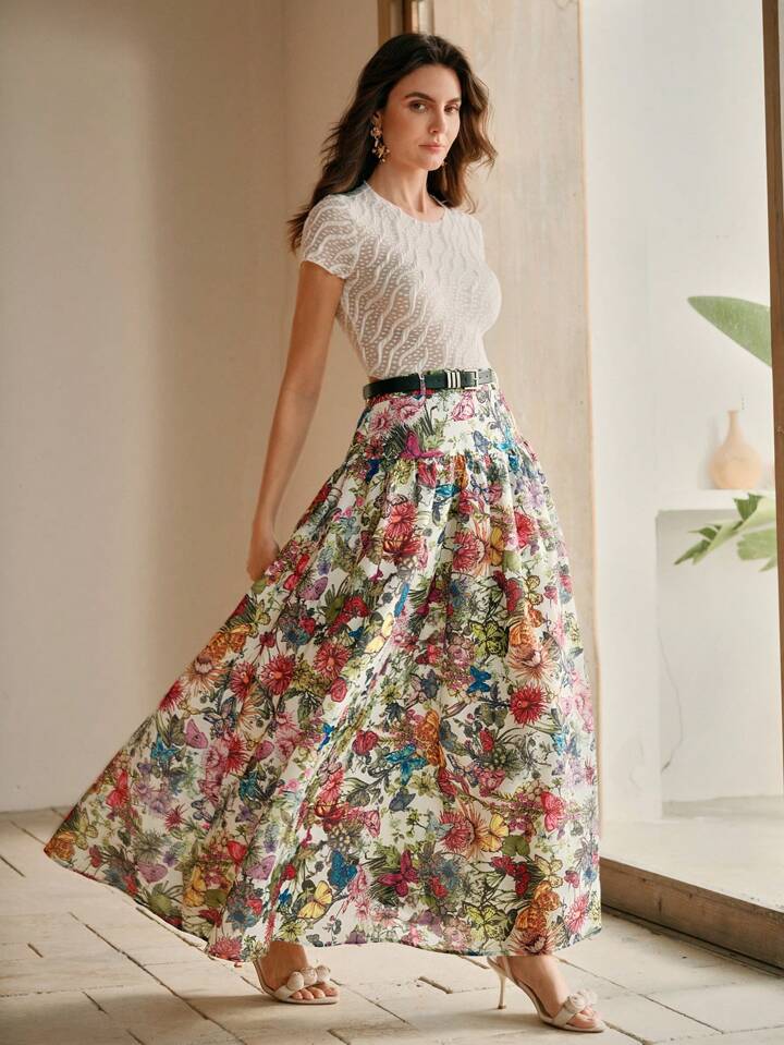CM-BS435579 Women Elegant Seoul Style High Waist Butterfly Print Belted A-Line Hem Long Skirt