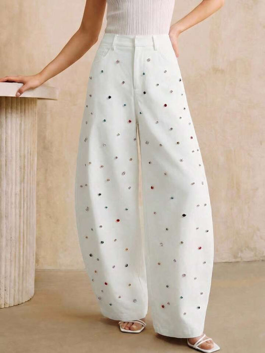 CM-BS763830 Women Elegant Seoul Style Mid Waist Colorful Rhinestone Decor Flared Pants - White