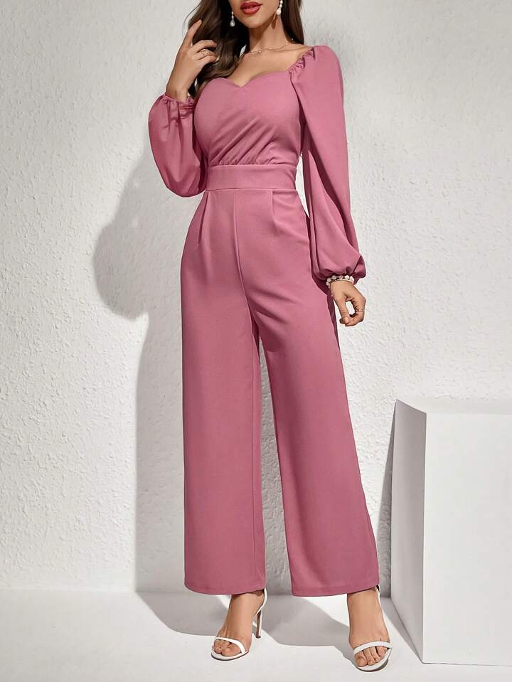 CM-JS298299 Women Elegant Seoul Style High Neck Lantern Sleeve Jumpsuit - Pink