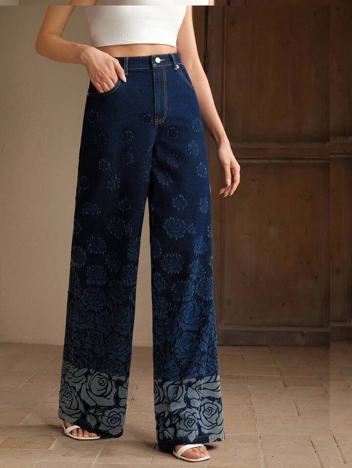 CM-BS167413 Women Casual Seoul Style Dark Wash Rose Floral Print Mid Waist Wide Leg Jeans