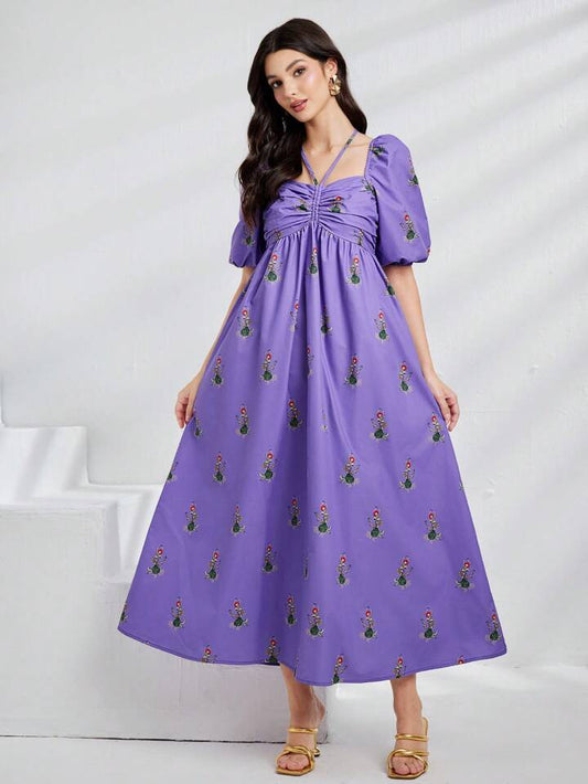 CM-DS444291 Women Casual Seoul Style Floral Print Short Puff Sleeve Long Dress - Purple