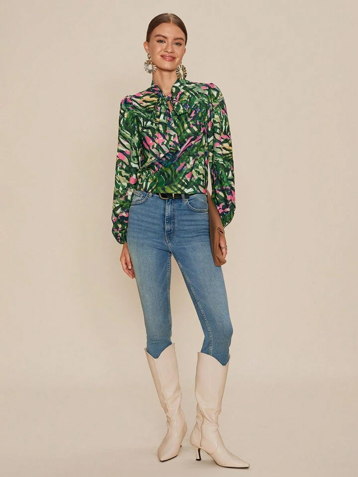 CM-TS340529 Women Casual Seoul Style Tie Neck Tropical Plant Print Long Sleeve Blouse - Green