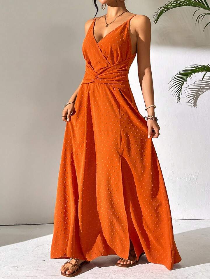 CM-DS898009 Women Trendy Bohemian Style Twist Knot High Slit Strappy Dress - Burnt Orange