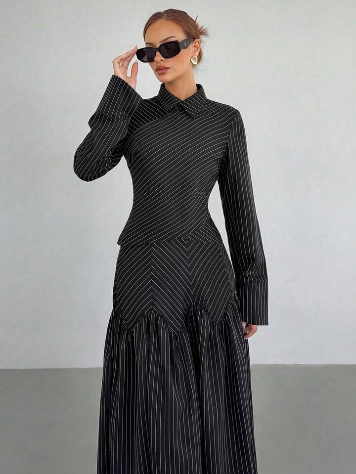 CM-SS672872 Women Elegant Seoul Style Striped Collar Neckline Long Sleeve Shirt With Pleated Maxi Skirt - Set