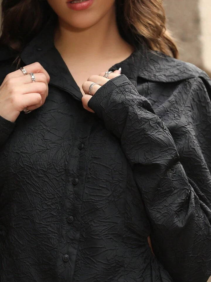 CM-TS748914 Women Elegant Seoul Style Collar Neckline Hollow Out Waist Gathered Shirt - Black