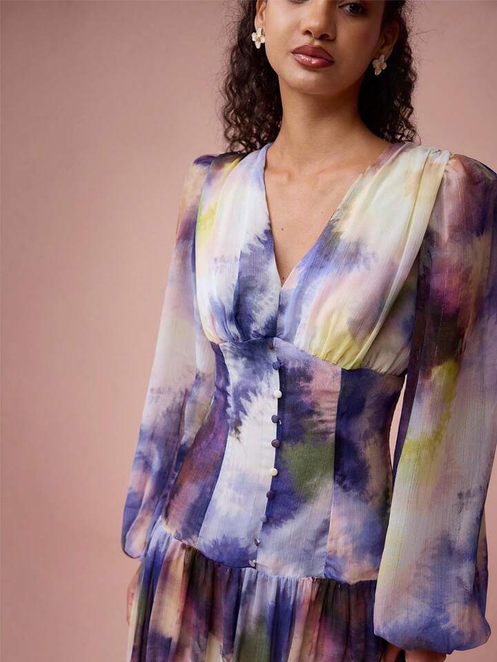 CM-DS748264 Women Elegant Seoul Style V-Neck Lantern Sleeve Dye Print A-Line Maxi Dress
