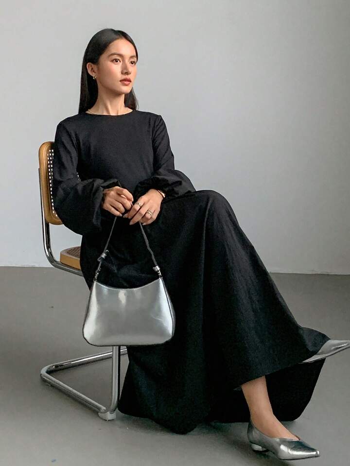 CM-DS465431 Women Casual Seoul Style Solid Color Round Neck Long Flare Sleeve Dress - Black