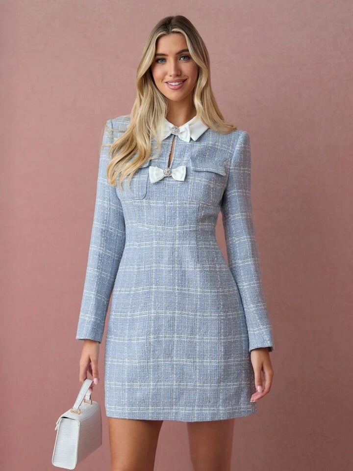 CM-DS788805 Women Elegant Seoul Style Plaid Print Bow Decor Collar Neckline Long Sleeve Mini Dress - Blue