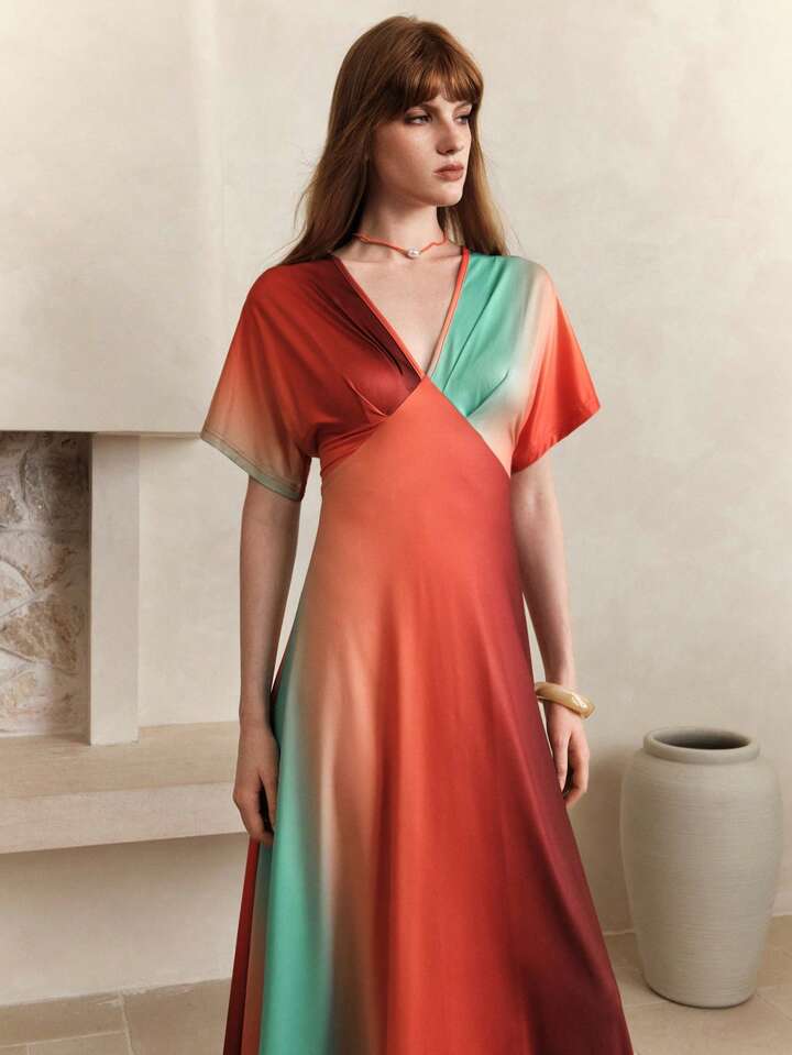 CM-DS922324 Women Casual Seoul Style Satin Tie-Dye Ombre Deep V Neck Long Sleeve Maxi Dress