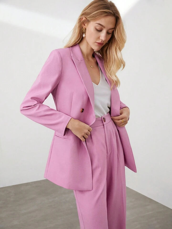 CM-SS642324 Women Elegant Seoul Style Double Breasted Lapel Jacket With Wide Leg Pants Suit - Pink