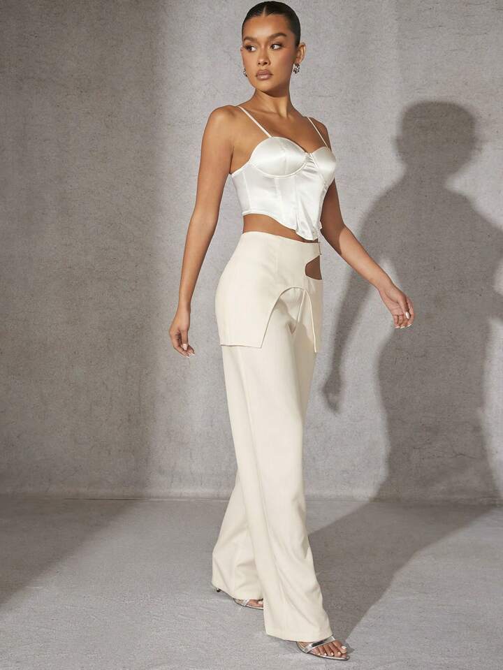 CM-BS892666 Women Casual Seoul Style Buckle Cut Out Overlay Wide Pants