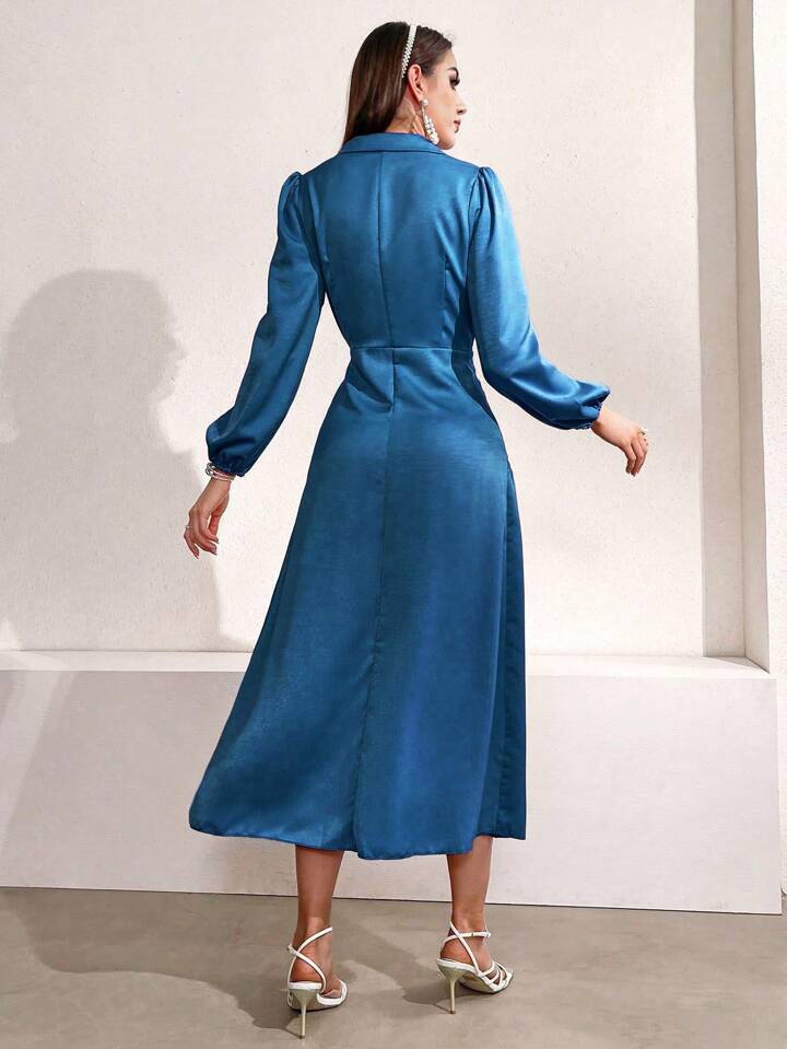 CM-DS641797 Women Casual Seoul Style Turn-Down Collar Lantern Sleeve Pleated Dress - Blue