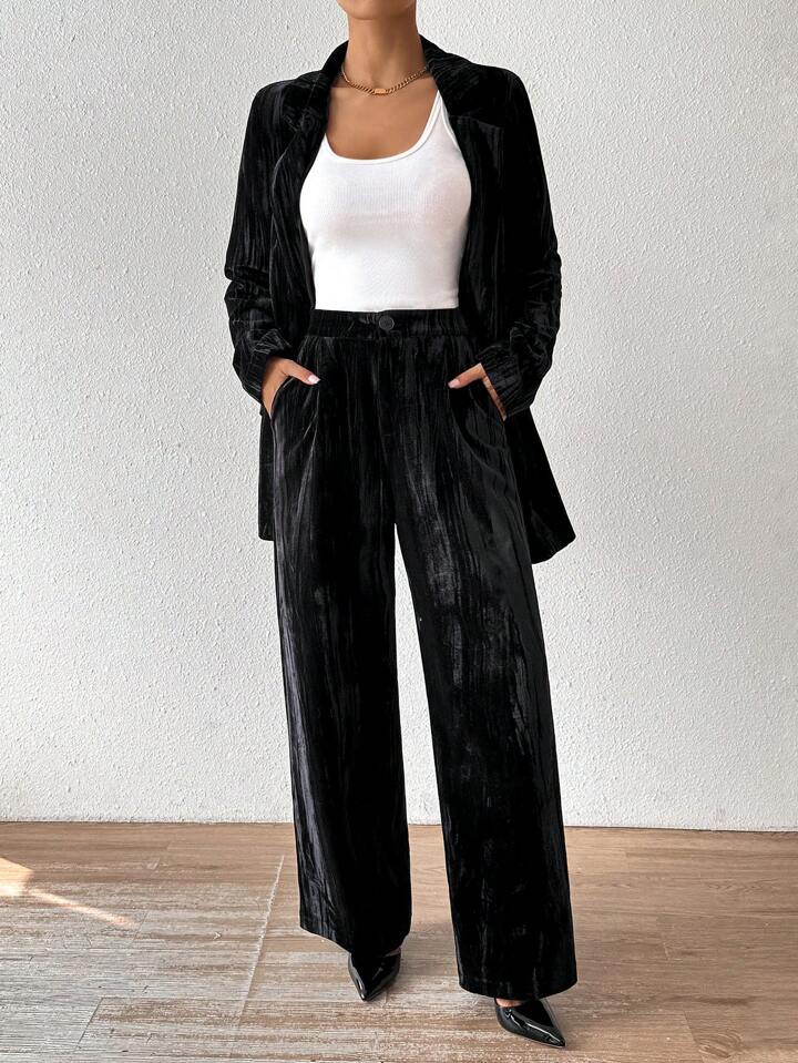 CM-SS634343 Women Elegant Seoul Style Stand Collar Long Sleeve Velvet Jacket With Straight Leg Pants Suit - Black