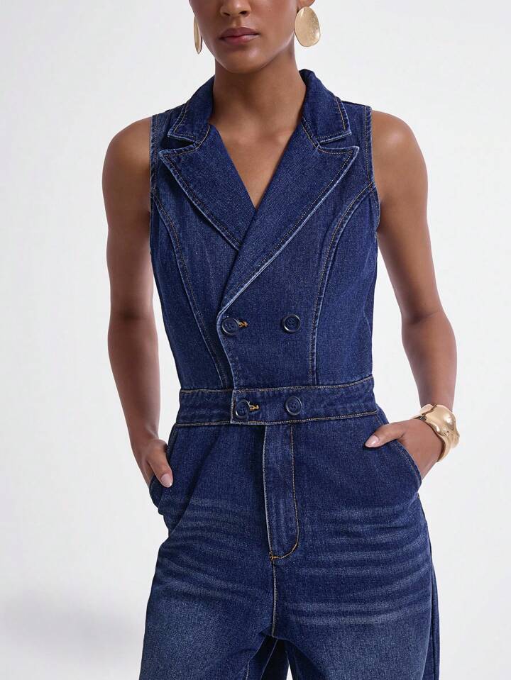 CM-JS708270 Women Casual Seoul Style Medium Wash Lapel Neckline Sleeveless Extra Long Denim Wide Leg Jumpsuit