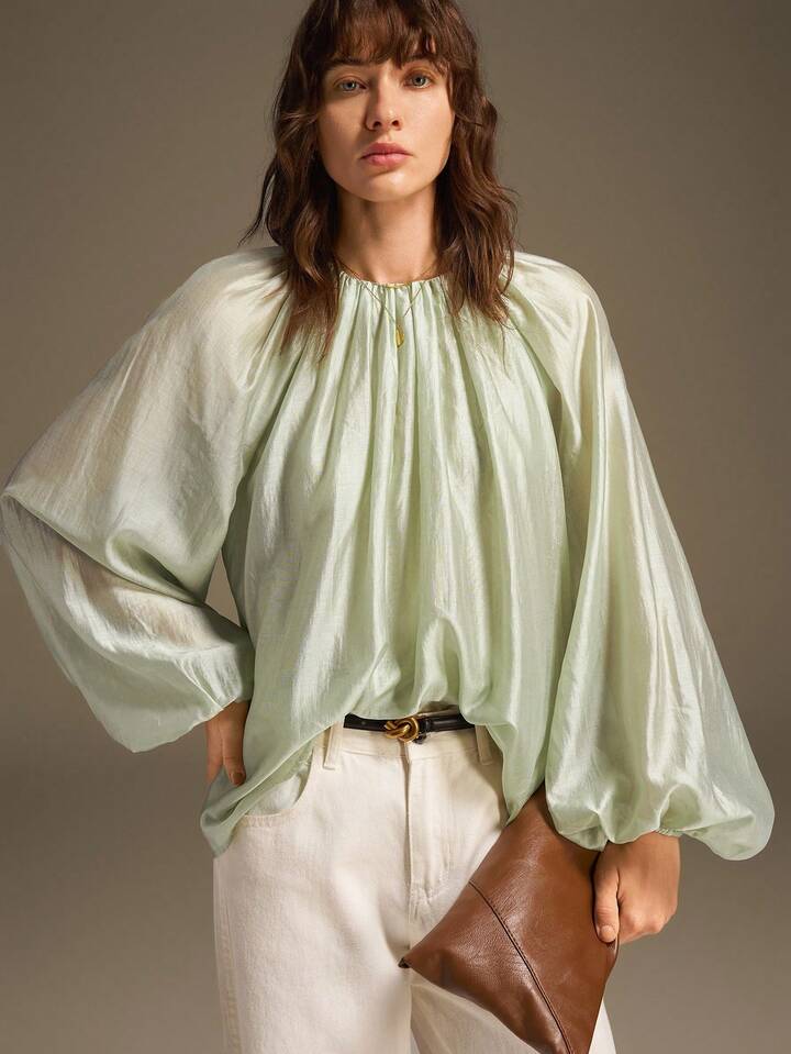 CM-TS744293 Women Casual Seoul Style Round Neck Long Sleeve Semi-Sheer Oversized Silk Shirt - Mint Green