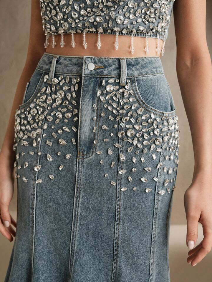 CM-BS801184 Women Elegant Seoul Style Light Wash Rhinestone Embellished Mermaid Denim Skirt