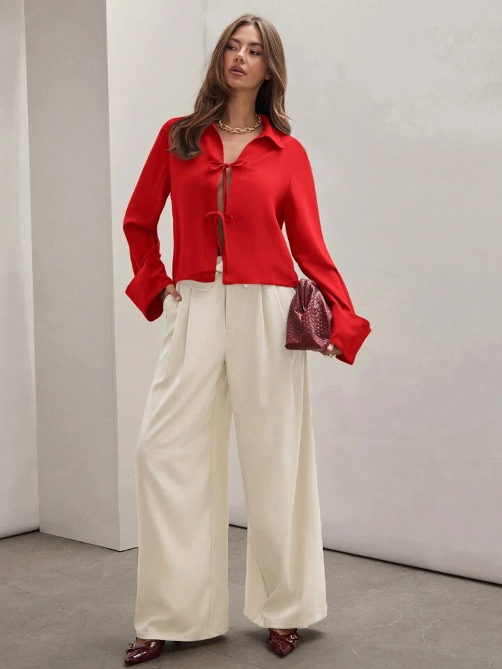CM-TS896830 Women Trendy Bohemian Style Shirt Collar Front Tie Long Sleeve Shirt - Red