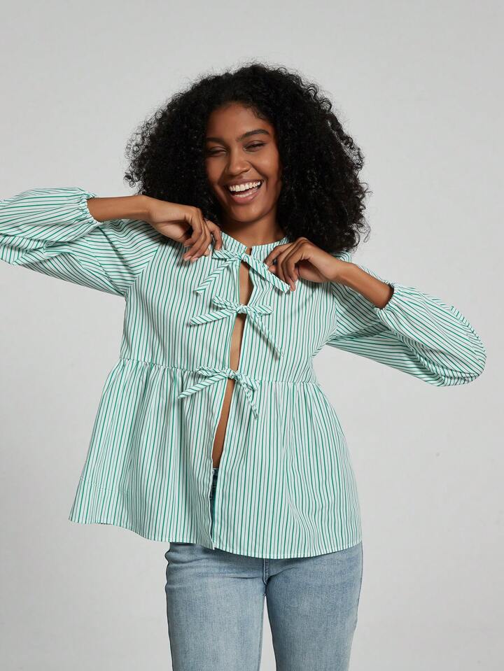 CM-TS377509 Women Casual Seoul Style Print Ruffle Hem Tie Long Sleeve Shirt - Mint Green