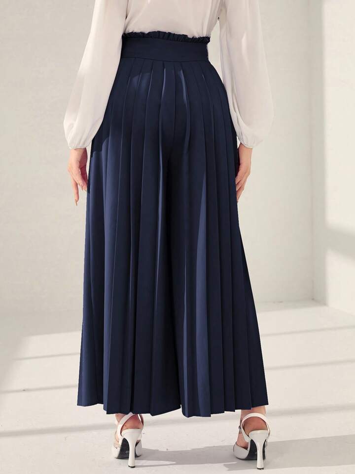 CM-BS418535 Women Trendy Bohemian Style High Waist Pleated Wide Leg Pants - Navy Blue
