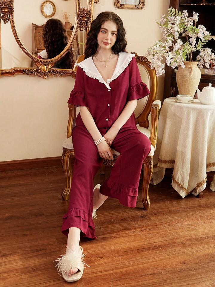 CM-LS043240 Women Trendy Seoul Style Peter Pan Collar Colorblock Ruffled Trim Pajama Set - Burgundy