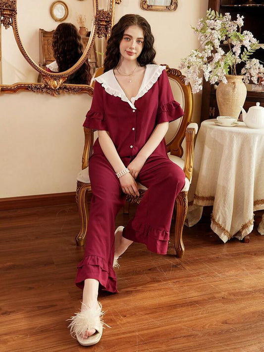 CM-LS043240 Women Trendy Seoul Style Peter Pan Collar Colorblock Ruffled Trim Pajama Set - Burgundy