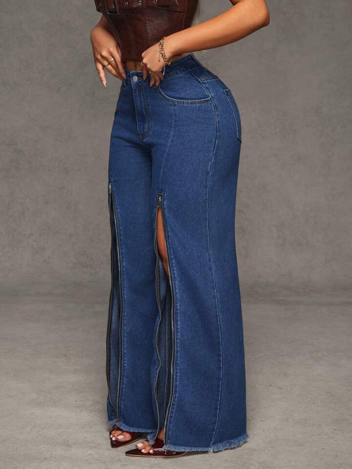 CM-BS131008 Women Casual Seoul Style Zipper Pocket Loose Wide Leg Jeans - Blue