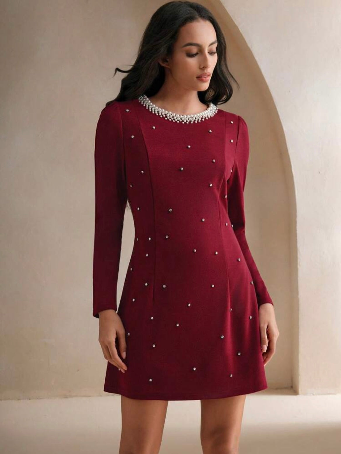 CM-DS243828 Women Elegant Seoul Style Rhinestone Pearl Decor Round Neck Long Sleeve Waisted Dress