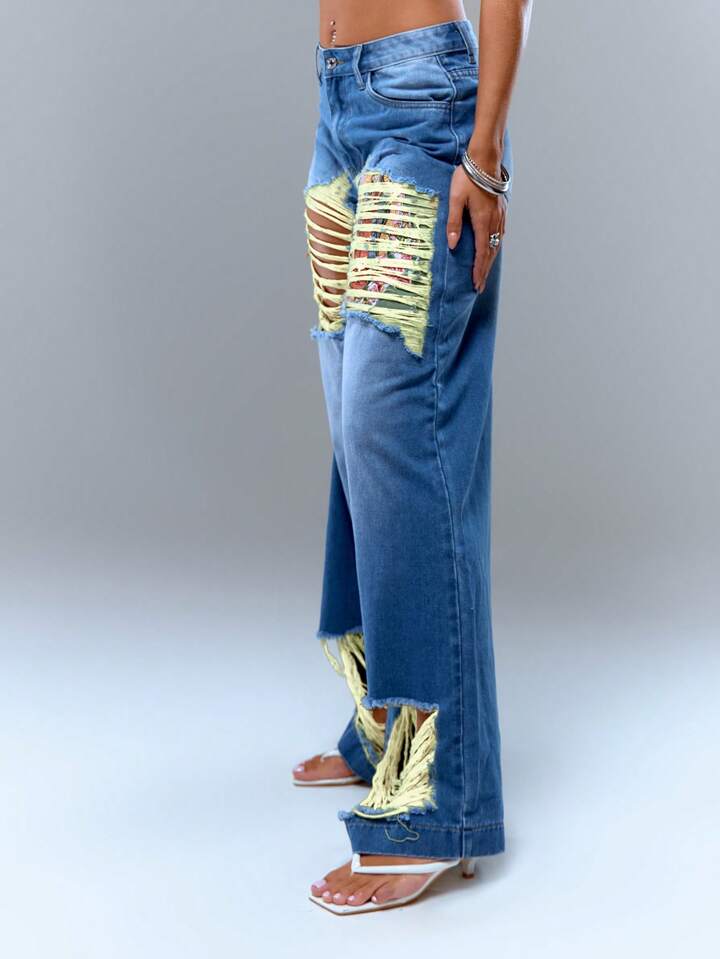 CM-BS471316 Women Casual Seoul Style Ultra Low Waist Printed Frayed Detail Jean - Blue