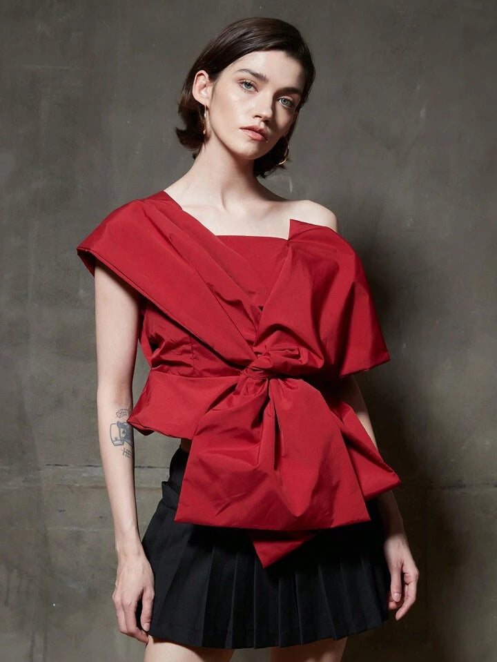 CM-TS757520 Women Casual Seoul Style Front Bow Asymmetrical Collar Blouse - Red