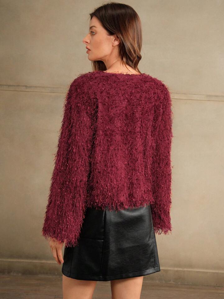 CM-TS181519 Women Elegant Seoul Style Round Neck Long Sleeve Glittery Tassel T-Shirt - Burgundy