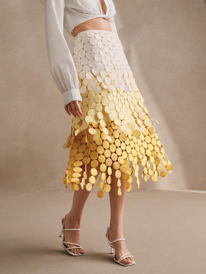 CM-BS178171 Women Trendy Bohemian Style Hollow Out Embroidery Tassel High Waist Flowy Skirt - Yellow