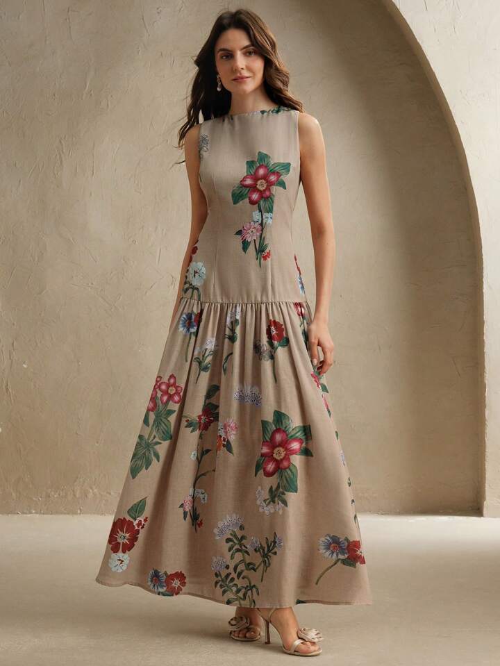 CM-DS855624 Women Elegant Seoul Style Floral Print Stand Collar Sleeveless Low Waist Swing Long Dress