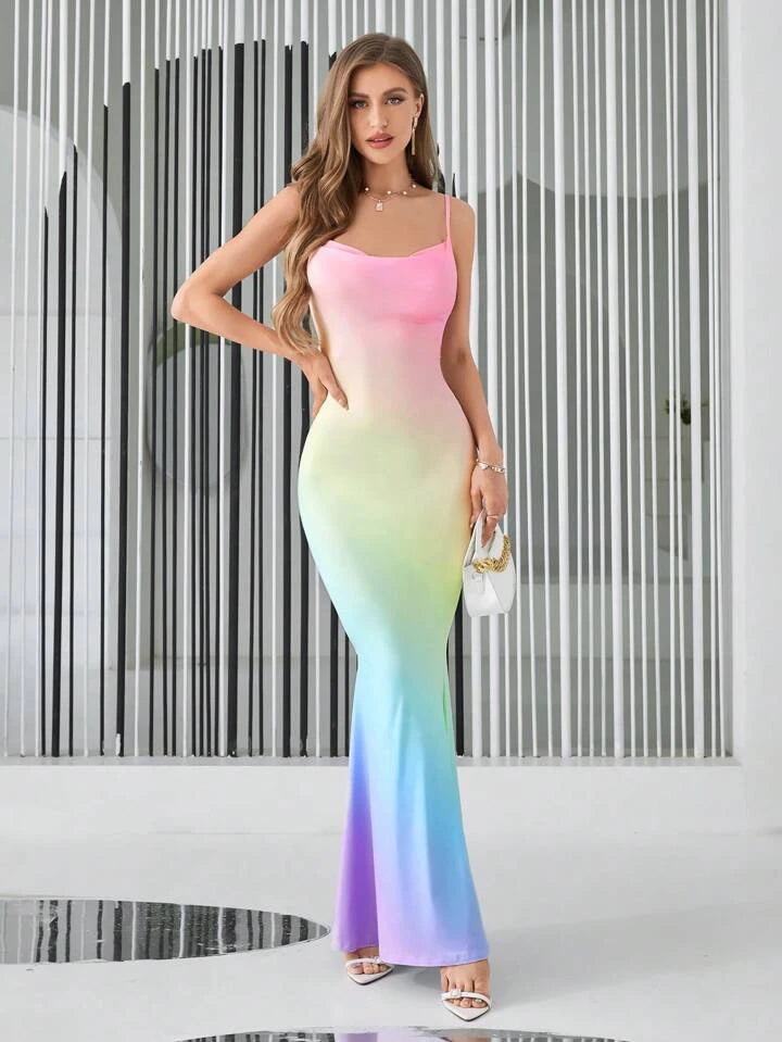 CM-DS831040 Women Trendy Bohemian Style Ombre Draped Collar Mermaid Hem Cami Dress