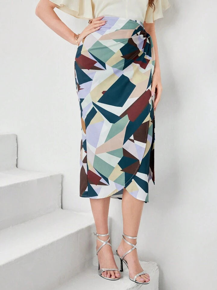 CM-BS808550 Women Elegant Seoul Style Geometric Print Knot Side Wrap Skirt