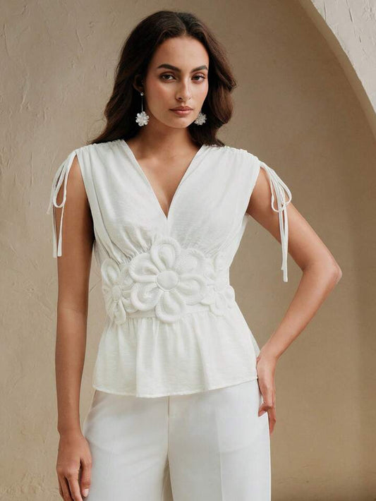 CM-TS156696 Women Elegant Seoul Style 3D Floral Tie Front Sleeveless Ruched Top - White