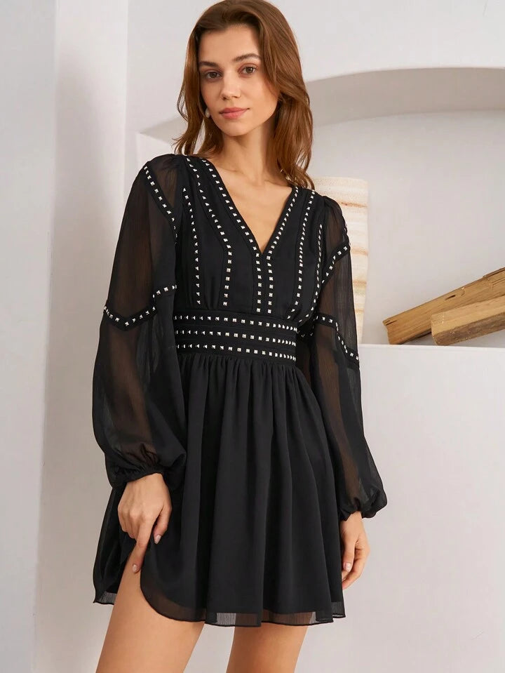 CM-DS127197 Women Elegant Seoul Style V-Neck Mesh Splicing Beaded Long Sleeve Dress - Black