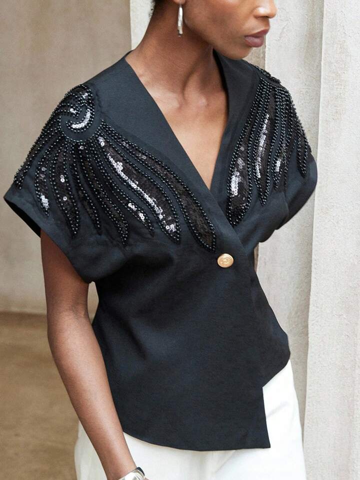 CM-TS354339 Women Elegant Seoul Style Asymmetrical Hem V-Neck Padded Beaded Embroidered Blouse - Black