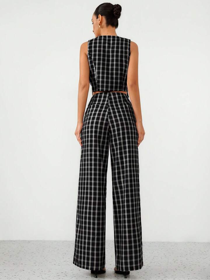 CM-SS492014 Women Elegant Seoul Style Plaid V-Neck Fake Pocket Waist Vest With Wide-Leg Trousers - Set