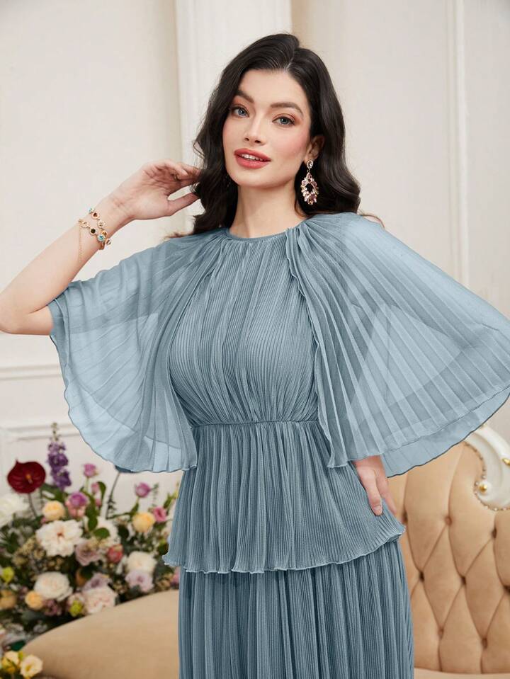 CM-DS707088 Women Elegant Seoul Style Round Neck Mesh Patchwork Ruffled Hem Long Dress - Mint Blue