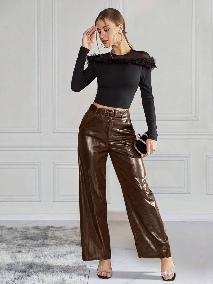 CM-BS994540 Women Elegant Seoul Style High Waist Belted Metallic Wide Leg Pants - Brown