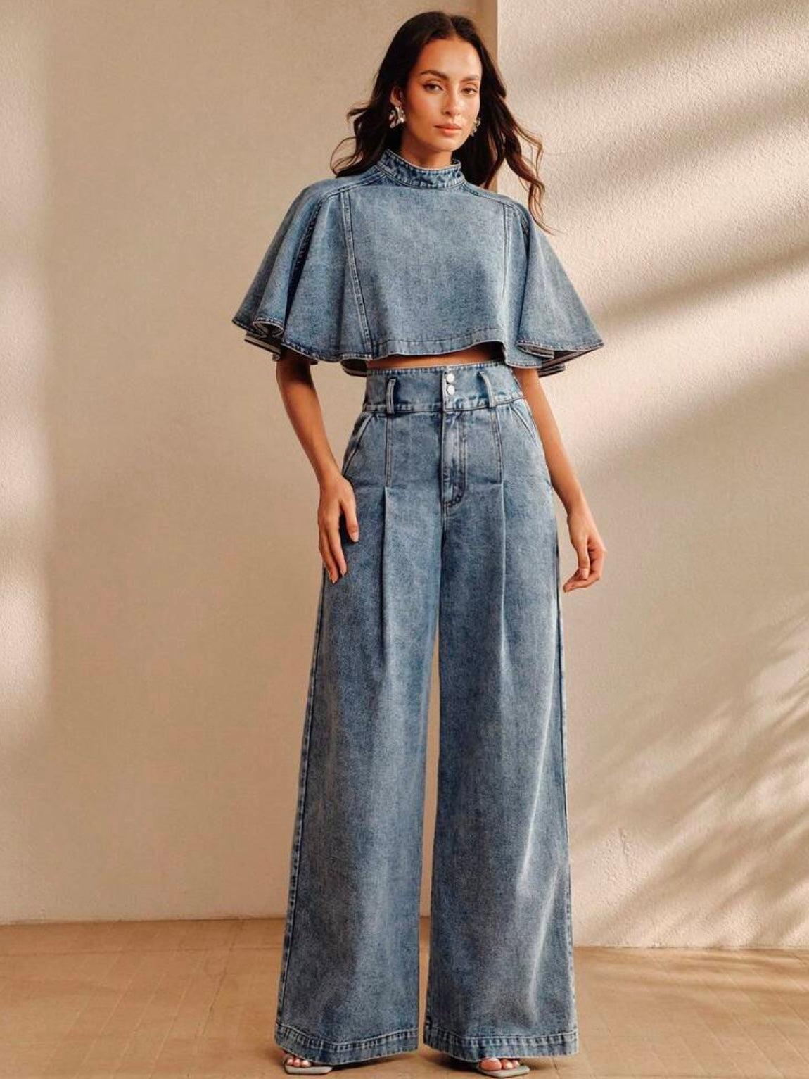 CM-SS412905 Women Elegant Seoul Style Stand Collar Cloak Sleeve Cape Top With High Waist Wide Leg Long Pants - Set